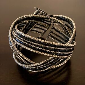 Silver & Black Beaded Statement Bracelet | Adjustable Boho Chic Fashion
